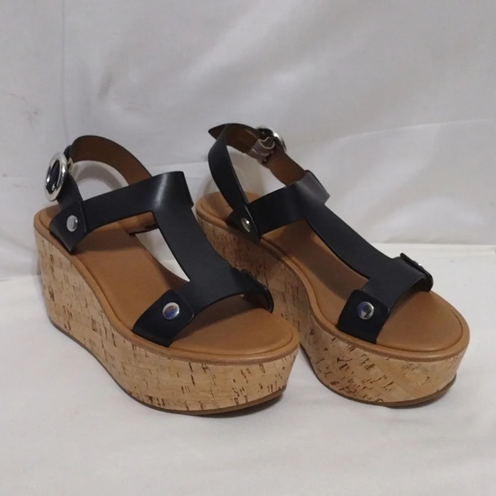 NEW Frye Black Leather Cork Wedge Platform Sandals Boho Luxe US 8.5 MSRP $458
